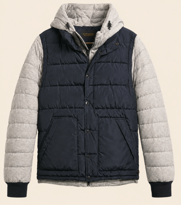Scotch & Soda donsjack maat S, donkerblauw met lichtgrijze mouwen